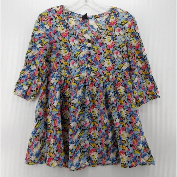 Free People Top 0 Babydoll Henley Blouse Floral Boho Colorful Pleated - Picture 1 of 10